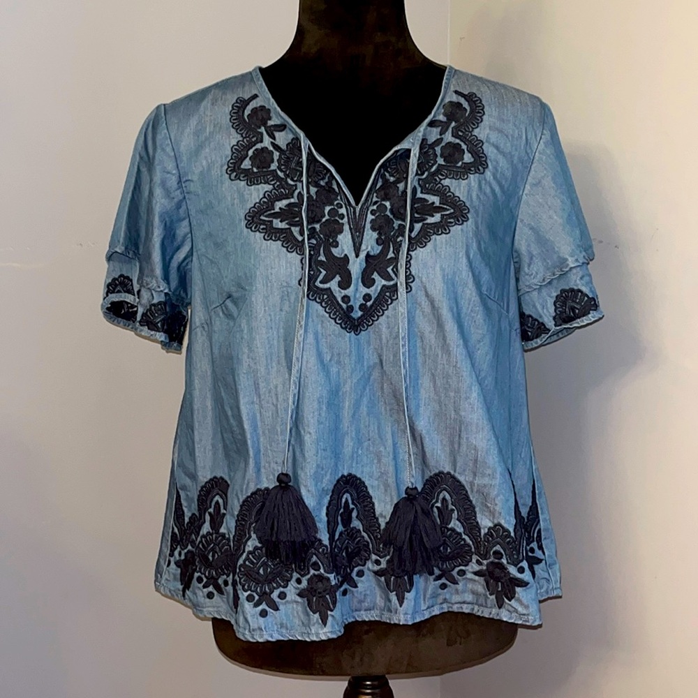 Crown and Ivy Embroidered Chambray Top